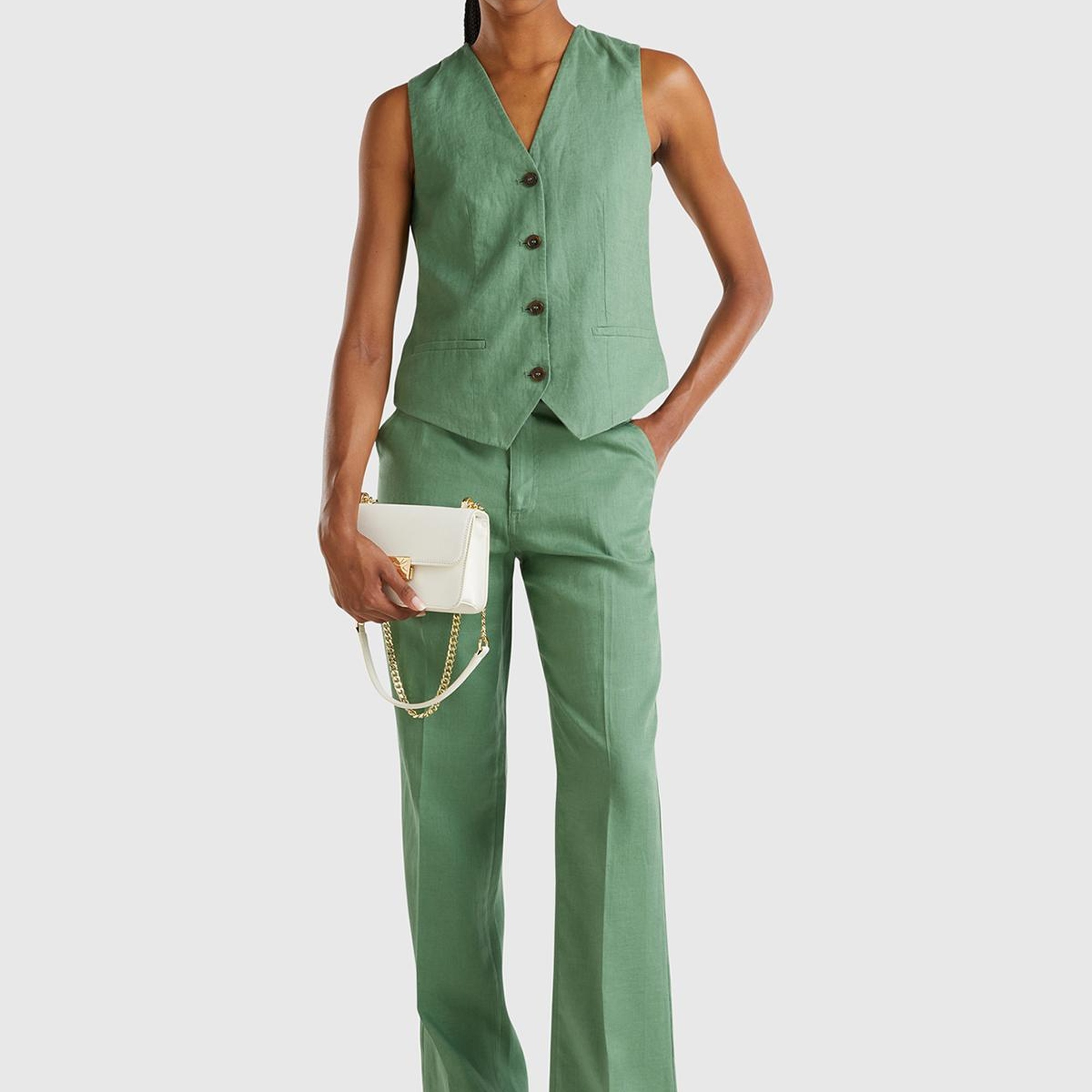 Kadın Mint Yeşili %100 Keten Önü Düğme İliklemeli V Yaka Yelek