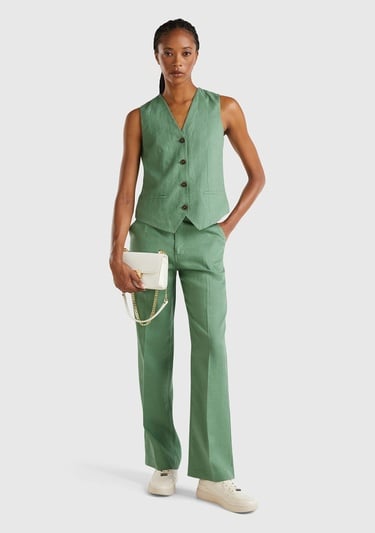  Kadın Mint Yeşili %100 Keten Önü Düğme İliklemeli V Yaka Yelek