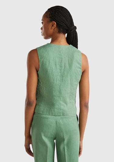  Kadın Mint Yeşili %100 Keten Önü Düğme İliklemeli V Yaka Yelek