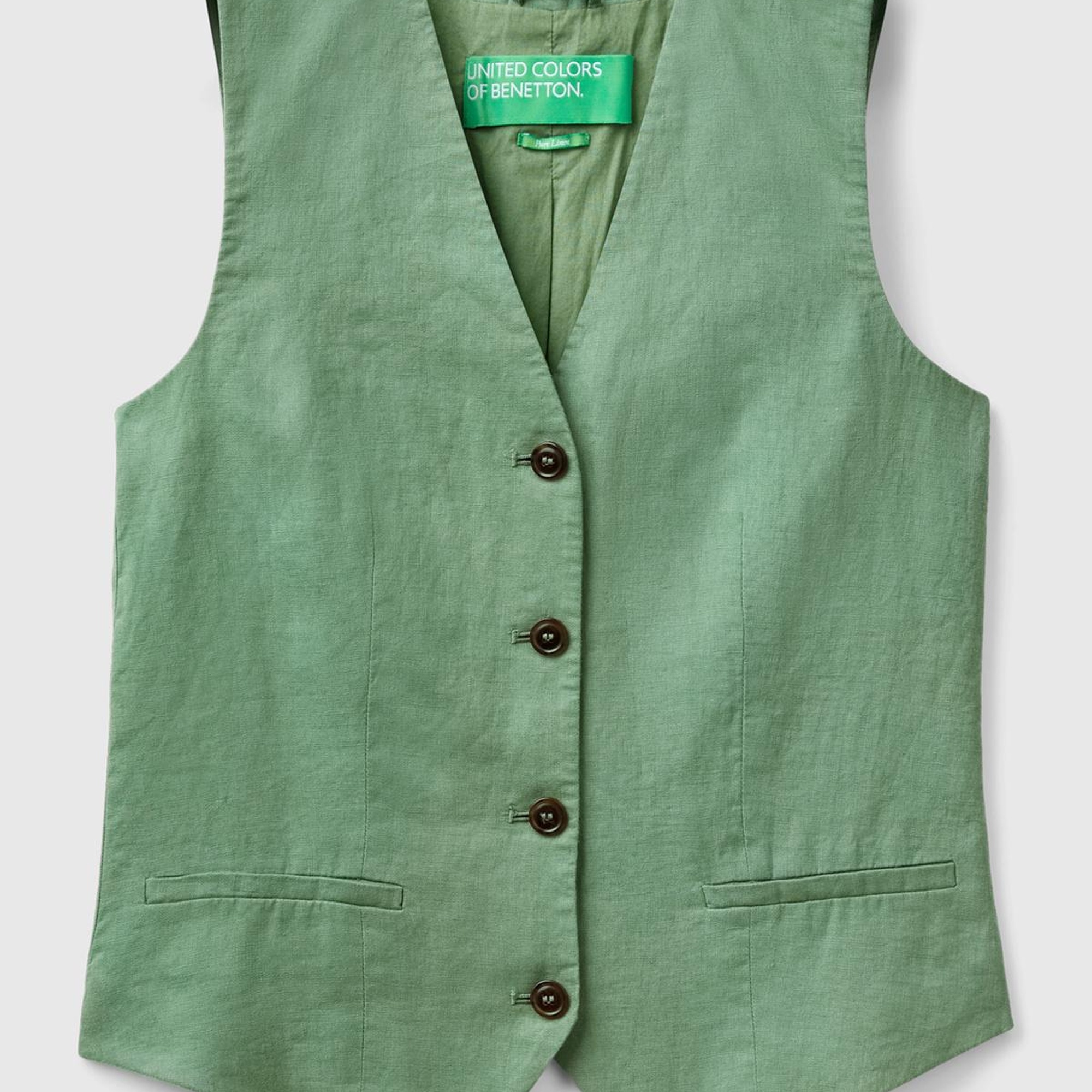 Kadın Mint Yeşili %100 Keten Önü Düğme İliklemeli V Yaka Yelek