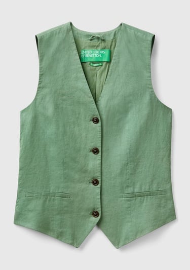  Kadın Mint Yeşili %100 Keten Önü Düğme İliklemeli V Yaka Yelek