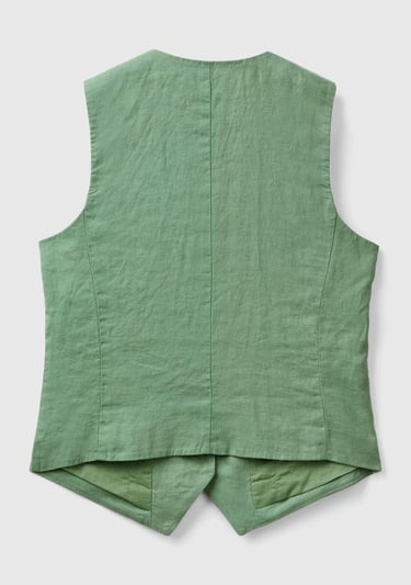  Kadın Mint Yeşili %100 Keten Önü Düğme İliklemeli V Yaka Yelek