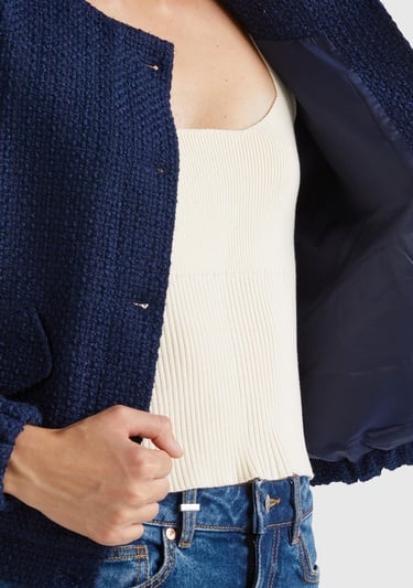  Kadın Lacivert Önü Düğmeli Kapaklı Cep Tasarımı Yuvarlak Yaka Bomber Ceket