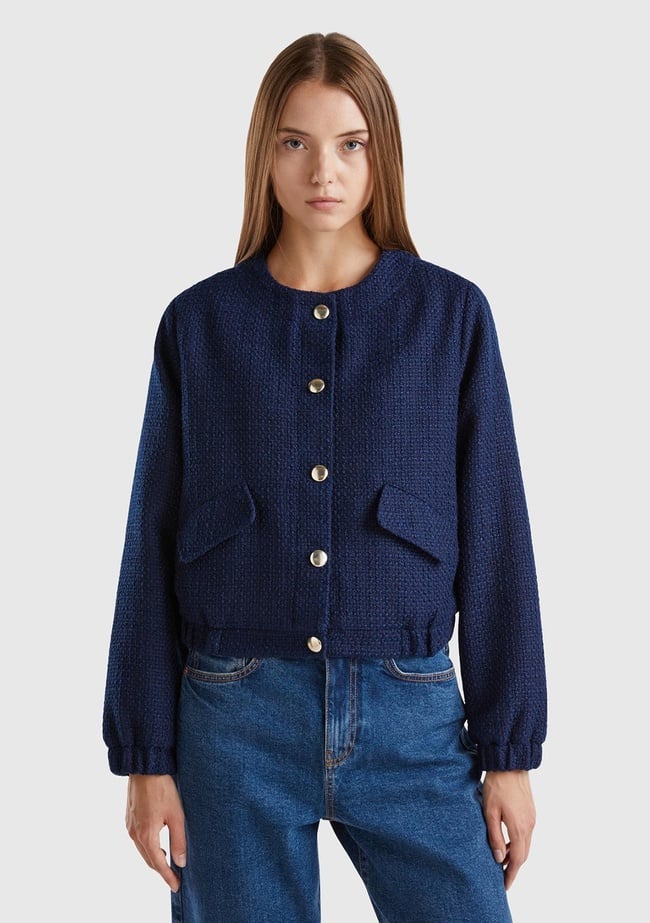  Kadın Lacivert Önü Düğmeli Kapaklı Cep Tasarımı Yuvarlak Yaka Bomber Ceket