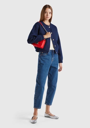  Kadın Lacivert Önü Düğmeli Kapaklı Cep Tasarımı Yuvarlak Yaka Bomber Ceket