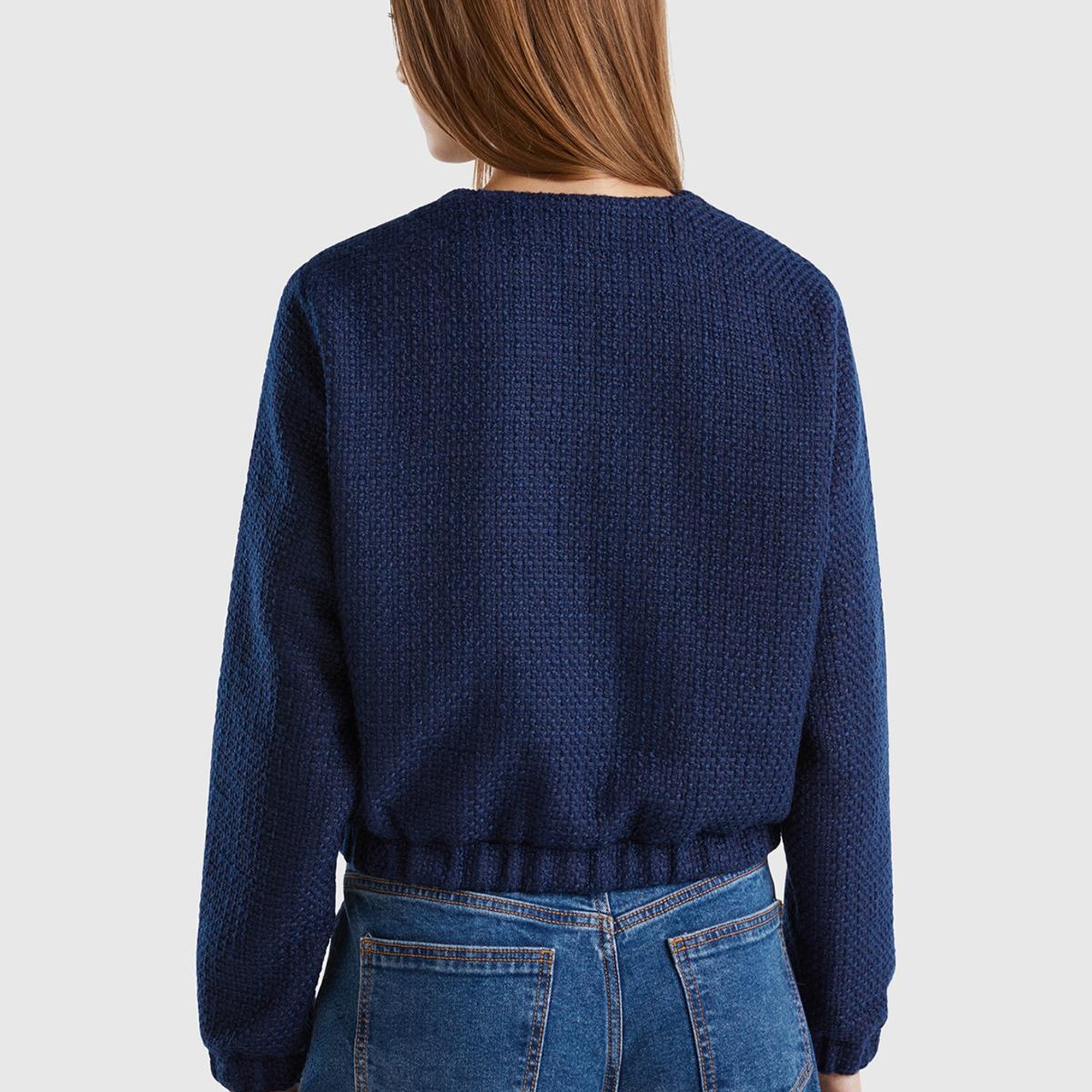 Kadın Lacivert Önü Düğmeli Kapaklı Cep Tasarımı Yuvarlak Yaka Bomber Ceket