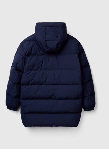  Erkek Lacivert Kaz Tüyü Dolgulu Yanları Cepli Gizli Fermuarlı Kapüşonlu Uzun Mont