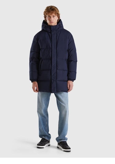  Erkek Lacivert Kaz Tüyü Dolgulu Yanları Cepli Gizli Fermuarlı Kapüşonlu Uzun Mont