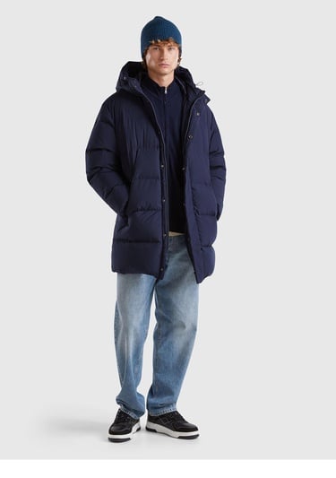  Erkek Lacivert Kaz Tüyü Dolgulu Yanları Cepli Gizli Fermuarlı Kapüşonlu Uzun Mont