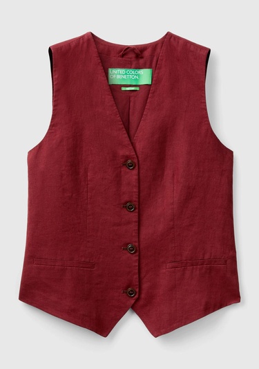  Kadın Bordo %100 Keten Önü Düğme İliklemeli V Yaka Yelek