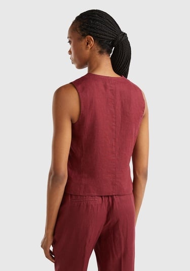  Kadın Bordo %100 Keten Önü Düğme İliklemeli V Yaka Yelek