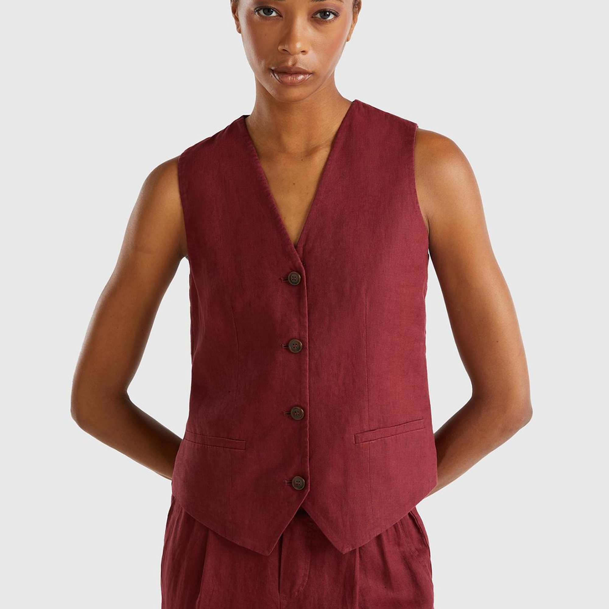 Kadın Bordo %100 Keten Önü Düğme İliklemeli V Yaka Yelek