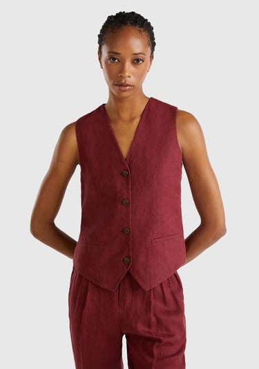  Kadın Bordo %100 Keten Önü Düğme İliklemeli V Yaka Yelek