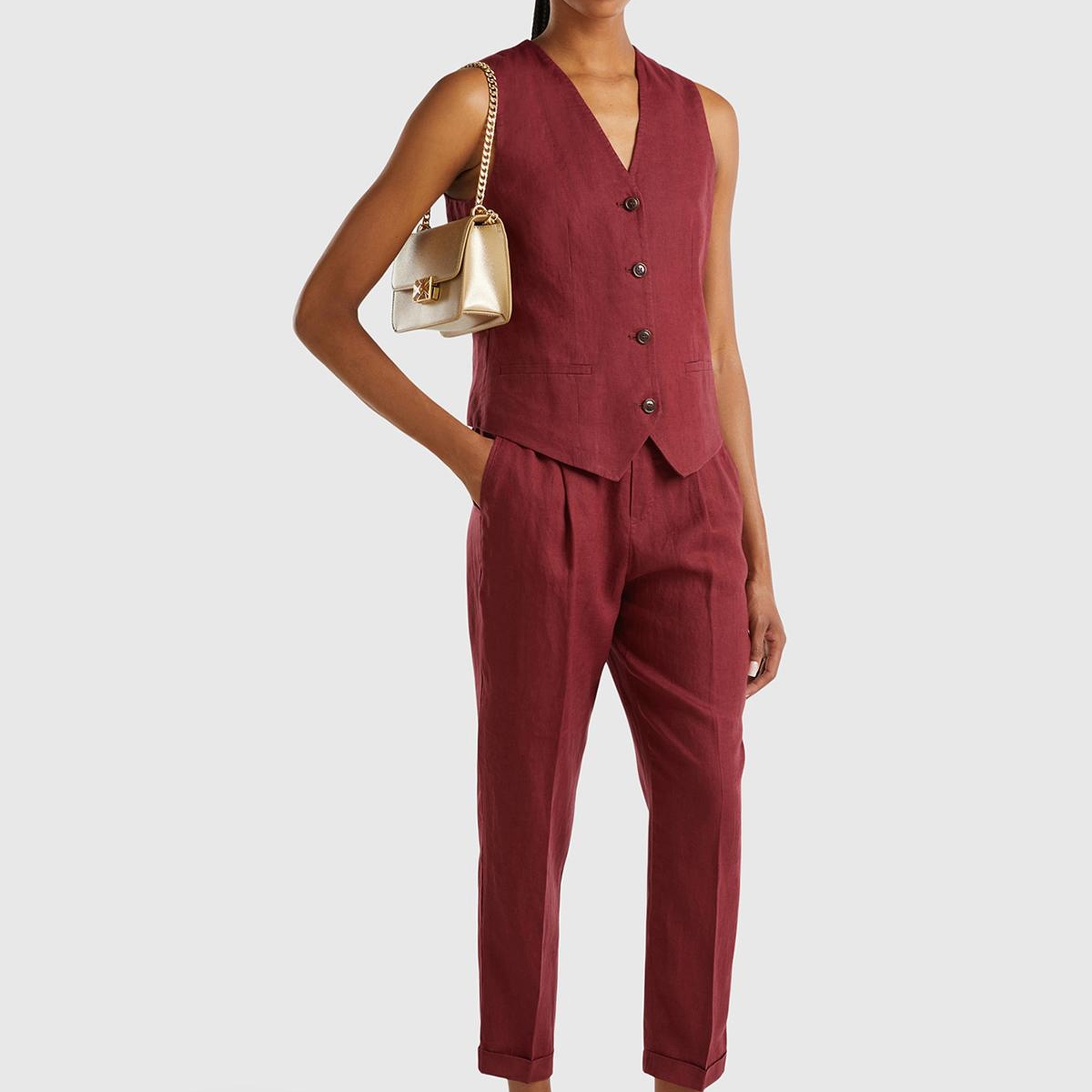 Kadın Bordo %100 Keten Önü Düğme İliklemeli V Yaka Yelek