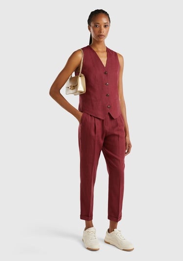  Kadın Bordo %100 Keten Önü Düğme İliklemeli V Yaka Yelek