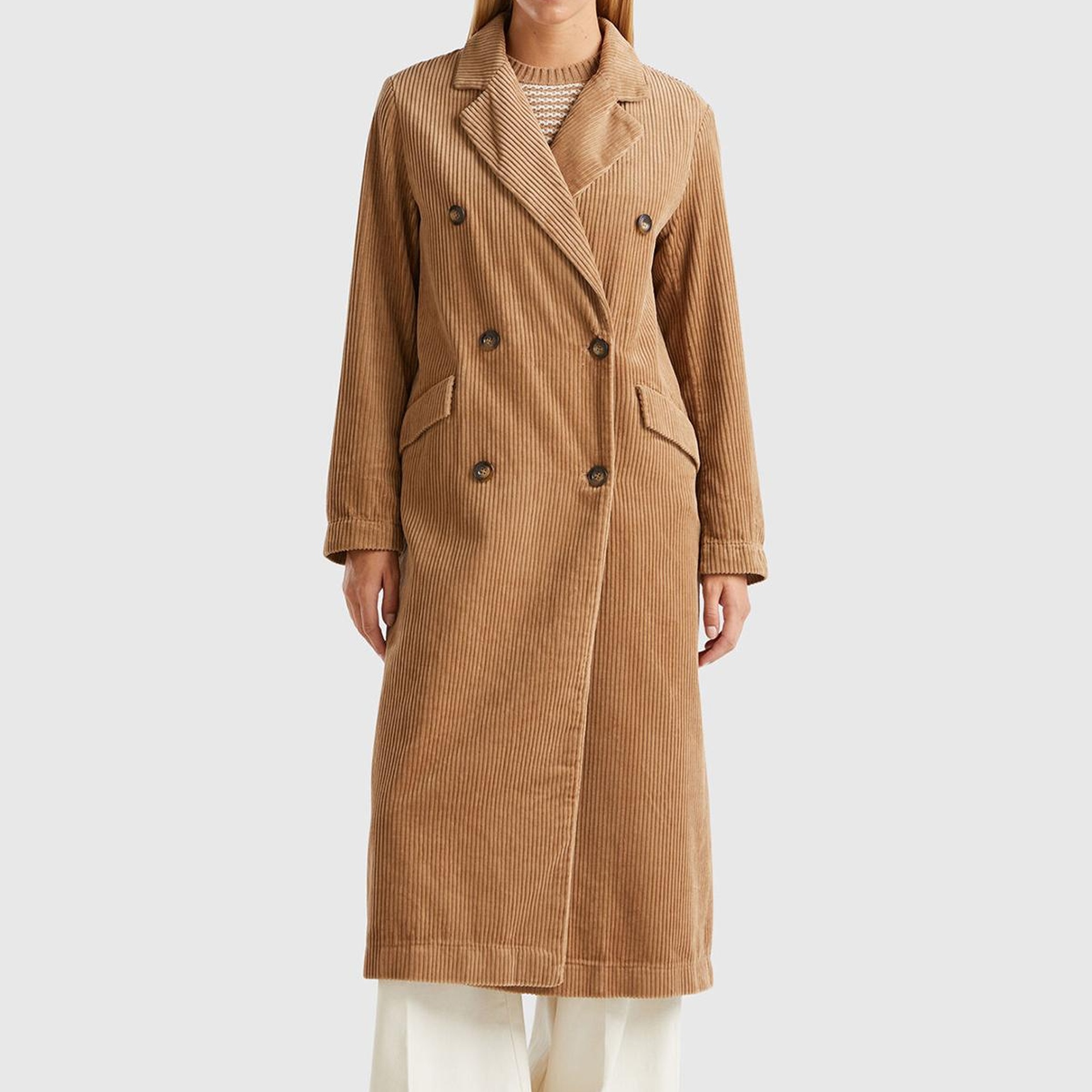 Kadın Kahverengi %100 Pamuk Önü Düğme Kapamalı Devrik Yaka Kruvaze Kaban