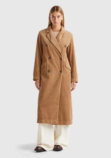  Kadın Kahverengi %100 Pamuk Önü Düğme Kapamalı Devrik Yaka Kruvaze Kaban