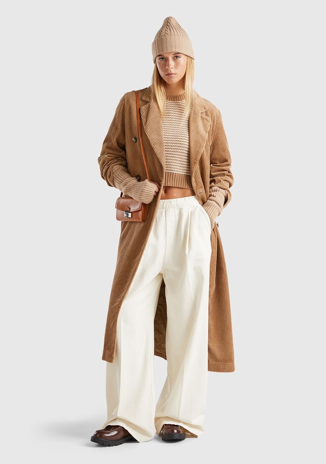  Kadın Kahverengi %100 Pamuk Önü Düğme Kapamalı Devrik Yaka Kruvaze Kaban