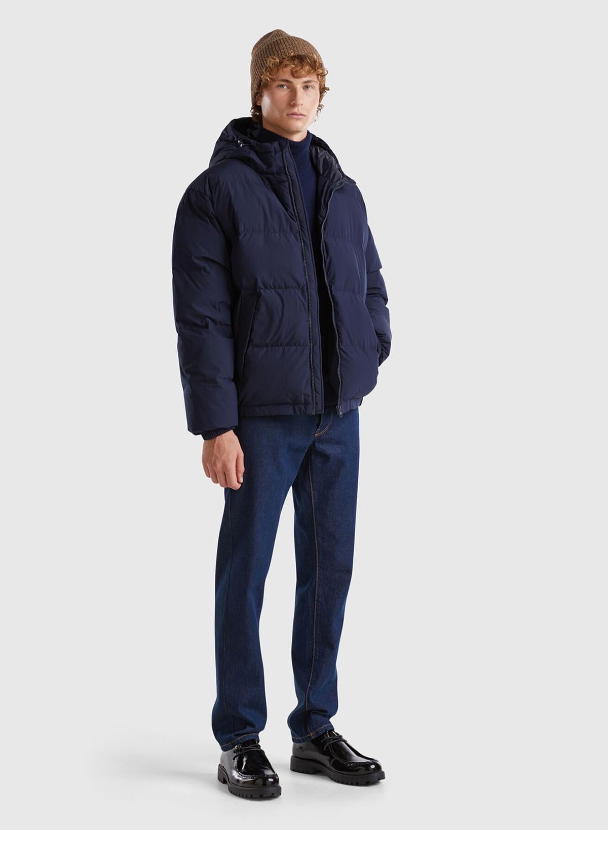  Erkek Lacivert Kaz Tüyü Dolgulu Yanları Cepli Gizli Fermuarlı Kapüşonlu Mont