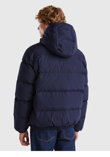  Erkek Lacivert Kaz Tüyü Dolgulu Yanları Cepli Gizli Fermuarlı Kapüşonlu Mont