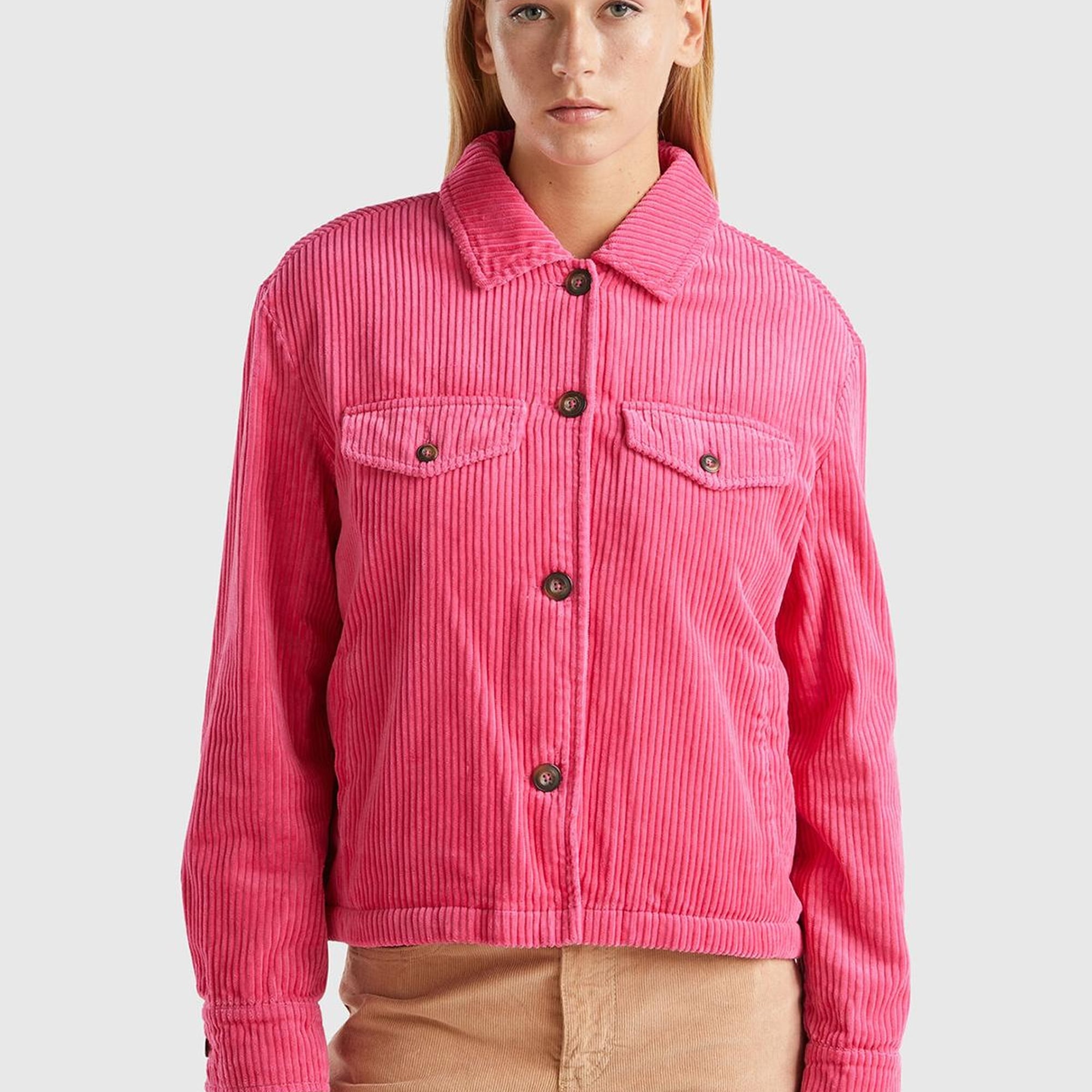 Kadın Pembe %100 Pamuk Önü Biye Cep Detaylı Düğmeli Sivri Yaka Kadife Ceket