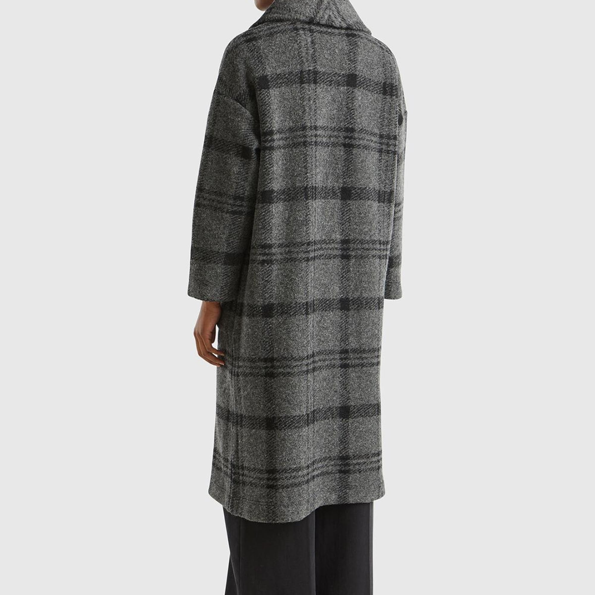 Kadın Antrasit Yün Karışımlı Düşük Omuz Önü Cep Detaylı Şal Yaka Kaban