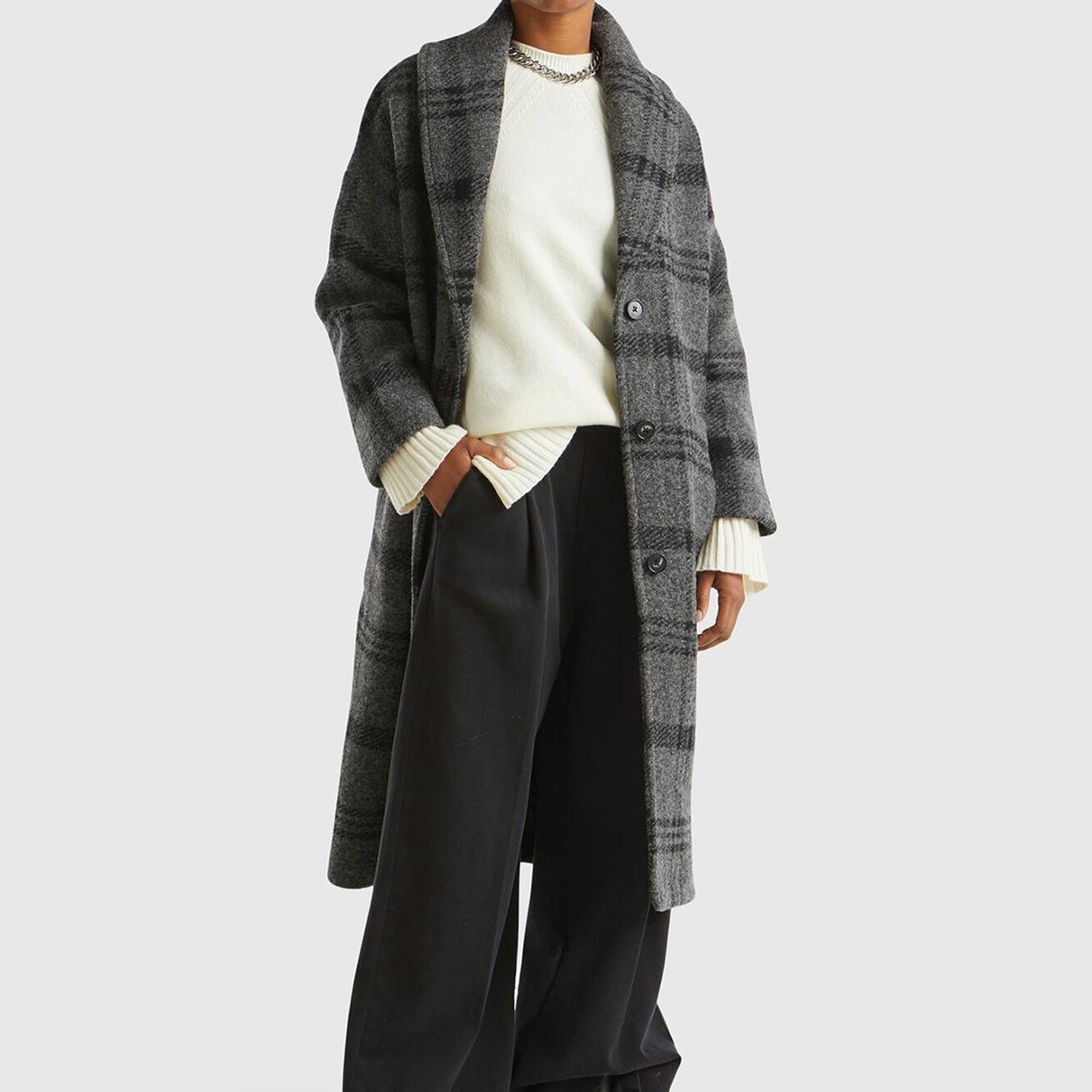 Kadın Antrasit Yün Karışımlı Düşük Omuz Önü Cep Detaylı Şal Yaka Kaban