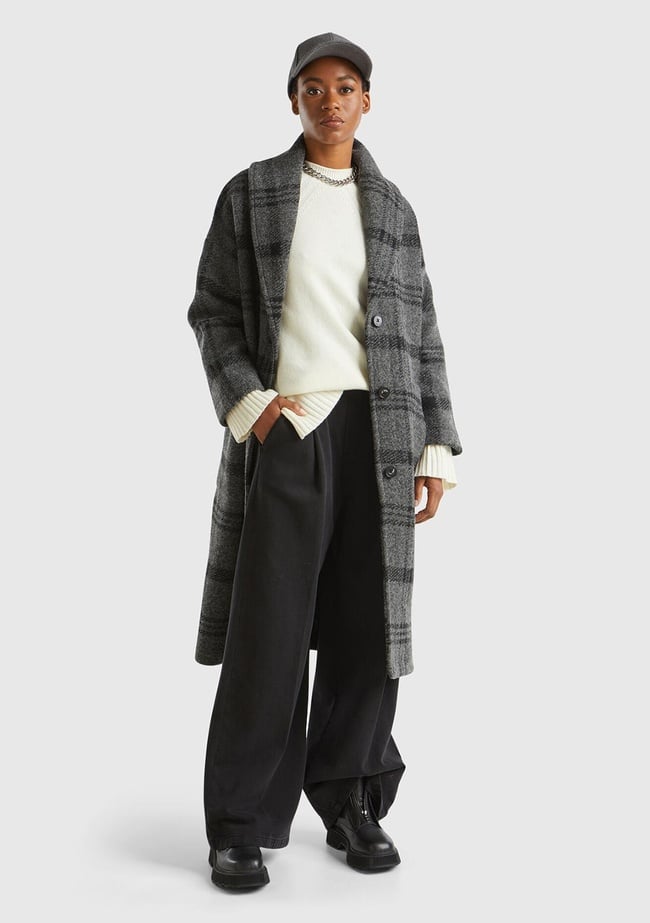  Kadın Antrasit Yün Karışımlı Düşük Omuz Önü Cep Detaylı Şal Yaka Kaban