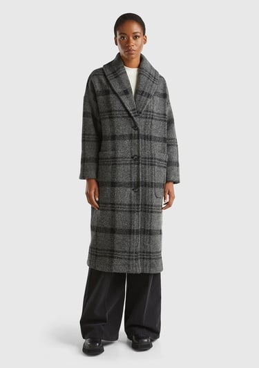  Kadın Antrasit Yün Karışımlı Düşük Omuz Önü Cep Detaylı Şal Yaka Kaban