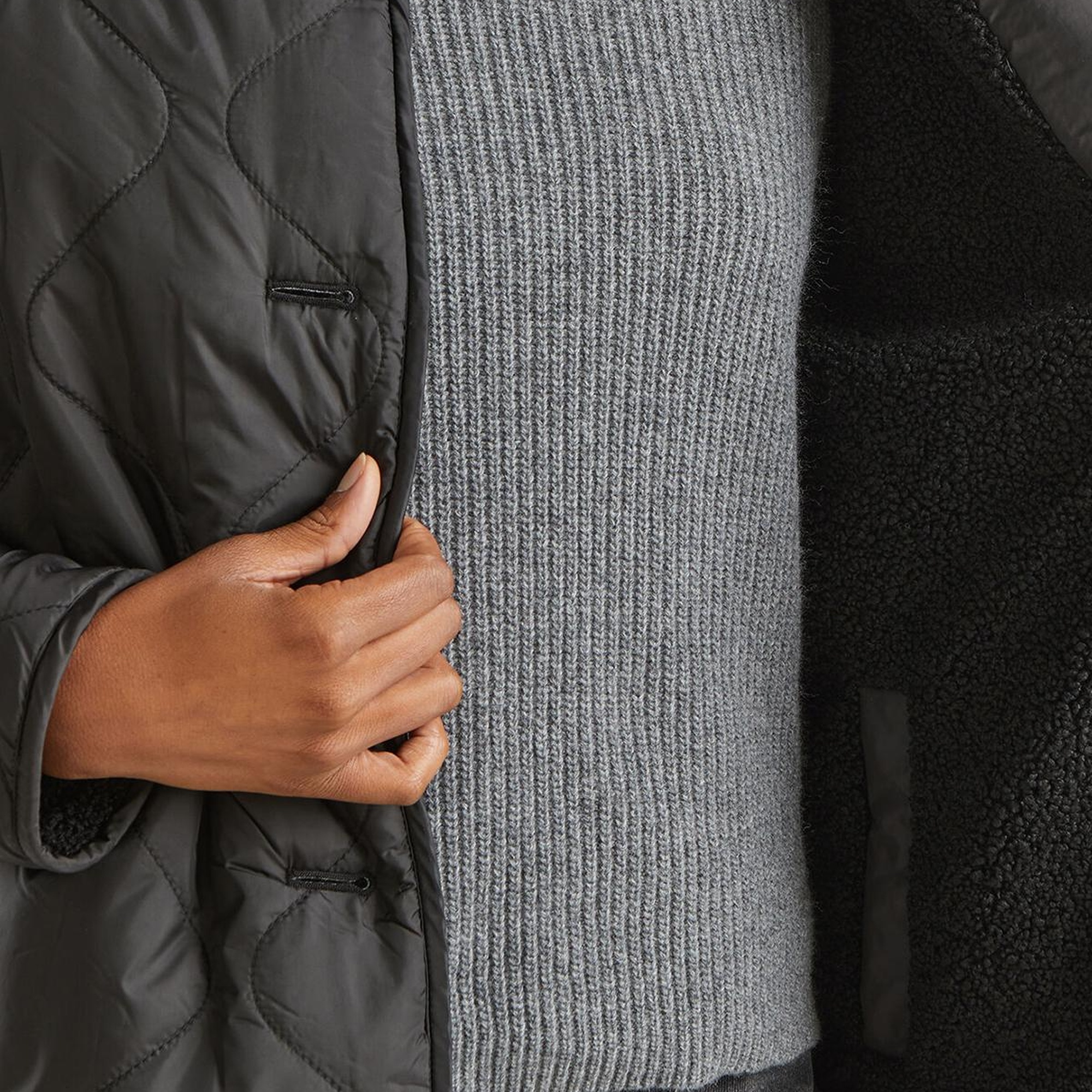 Kadın Siyah İçi Kürklü Dışı Kapitone Detaylı Önü Düğmeli Mont