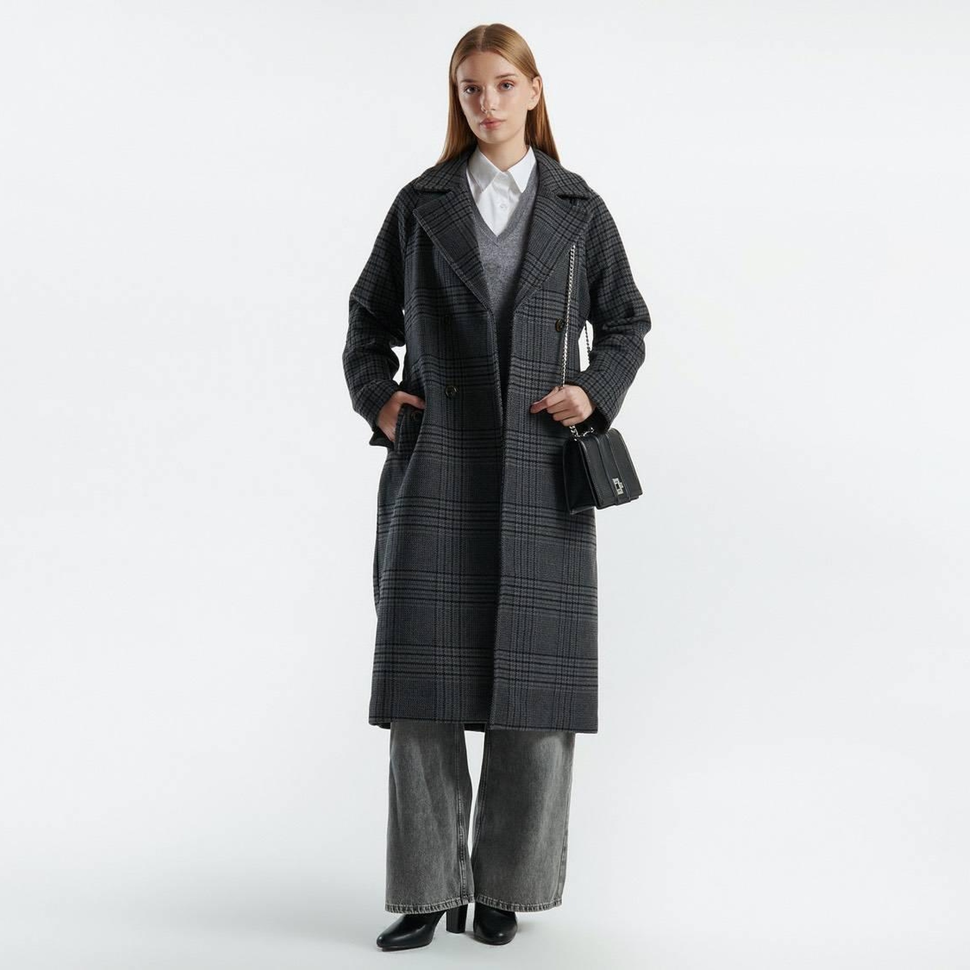 Kadın Antrasit Yün Karışımlı Kemer Bantlı Tamamı Desenli Dik Yaka Kaban