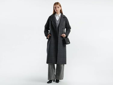  Kadın Antrasit Yün Karışımlı Kemer Bantlı Tamamı Desenli Dik Yaka Kaban