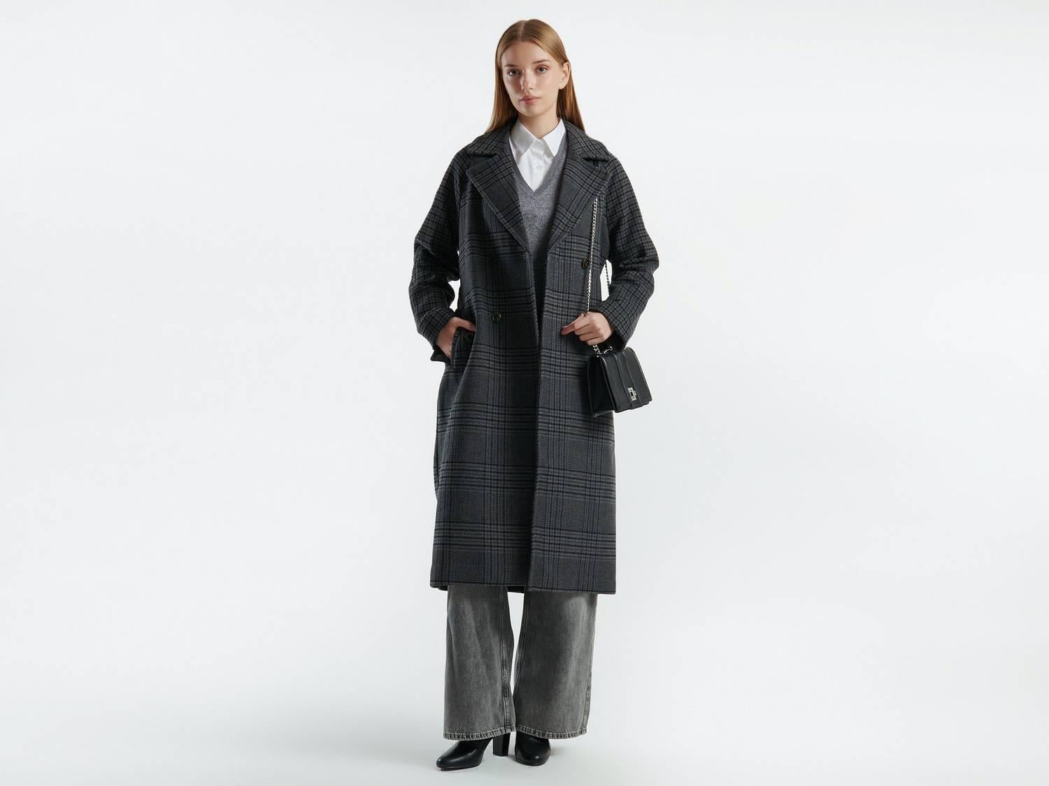  Kadın Antrasit Yün Karışımlı Kemer Bantlı Tamamı Desenli Dik Yaka Kaban