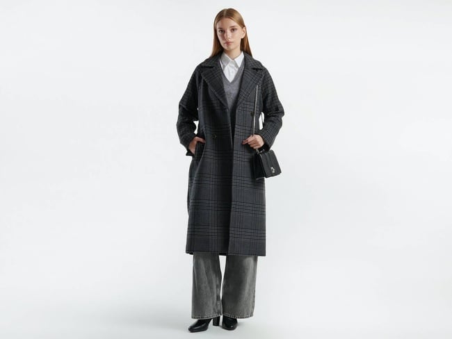  Kadın Antrasit Yün Karışımlı Kemer Bantlı Tamamı Desenli Dik Yaka Kaban