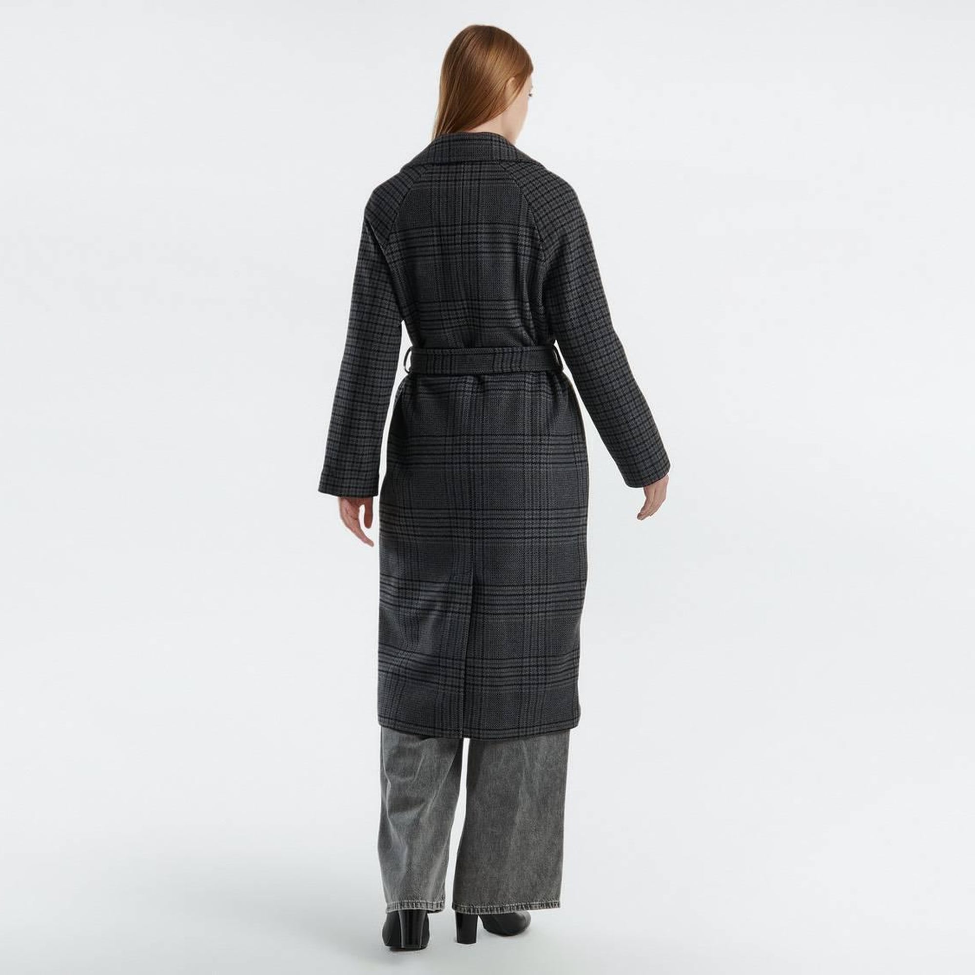 Kadın Antrasit Yün Karışımlı Kemer Bantlı Tamamı Desenli Dik Yaka Kaban