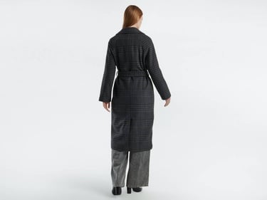  Kadın Antrasit Yün Karışımlı Kemer Bantlı Tamamı Desenli Dik Yaka Kaban