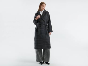  Kadın Antrasit Yün Karışımlı Kemer Bantlı Tamamı Desenli Dik Yaka Kaban