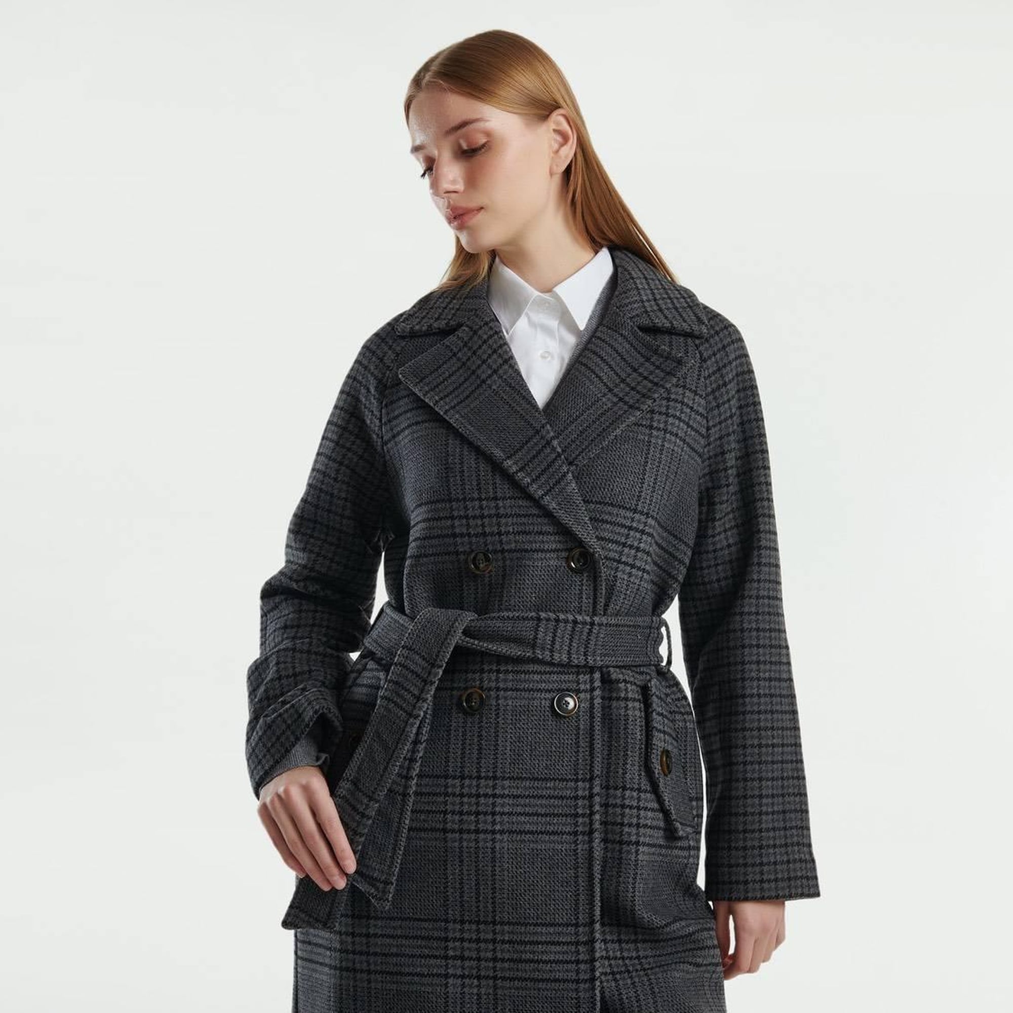 Kadın Antrasit Yün Karışımlı Kemer Bantlı Tamamı Desenli Dik Yaka Kaban