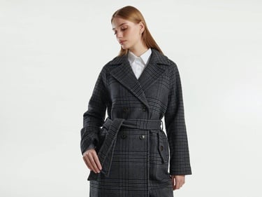  Kadın Antrasit Yün Karışımlı Kemer Bantlı Tamamı Desenli Dik Yaka Kaban