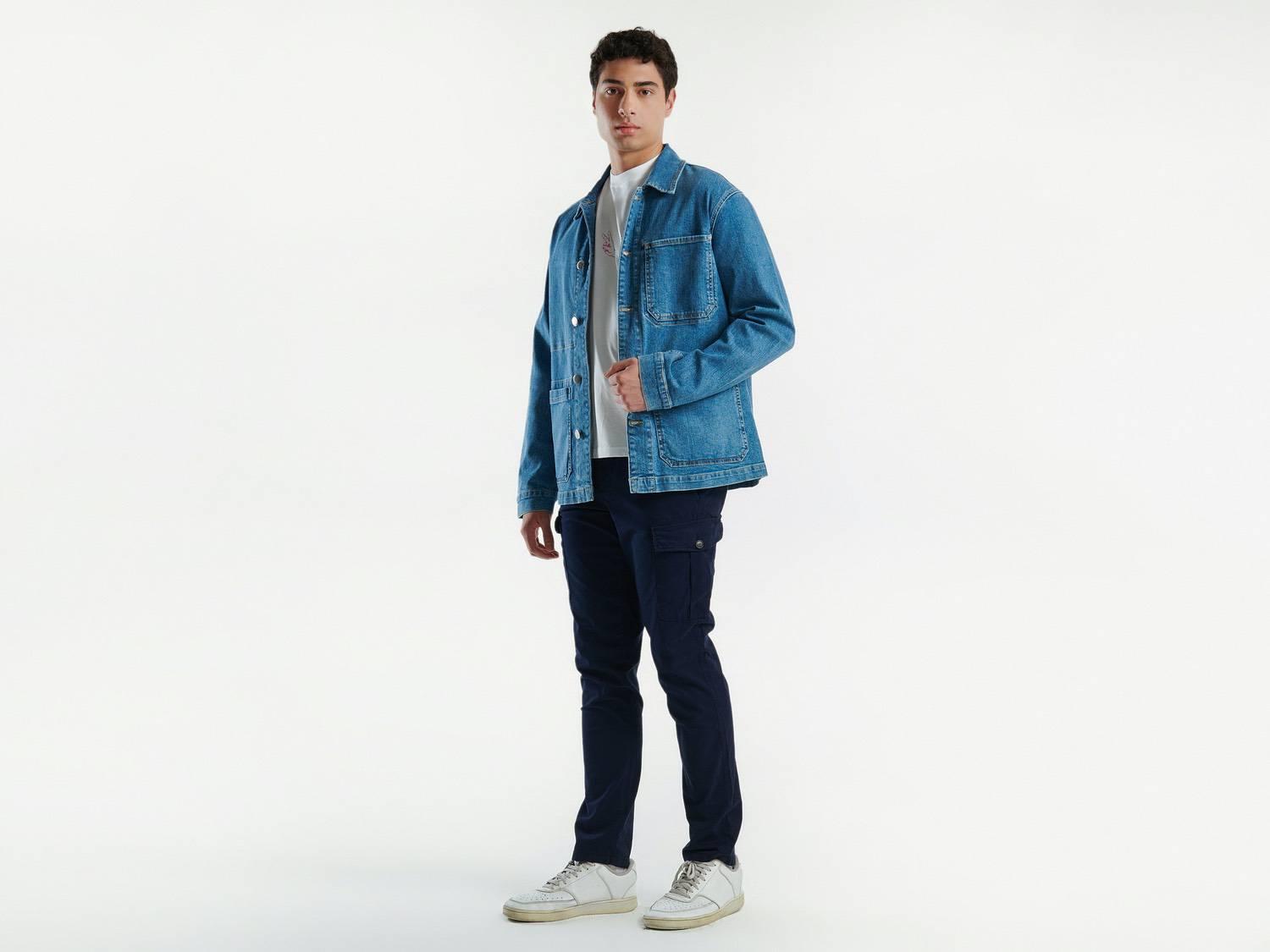  Erkek Açık Mavi Pamuk Karışımlı Cep Detaylı Gömlek Yaka Denim Ceket