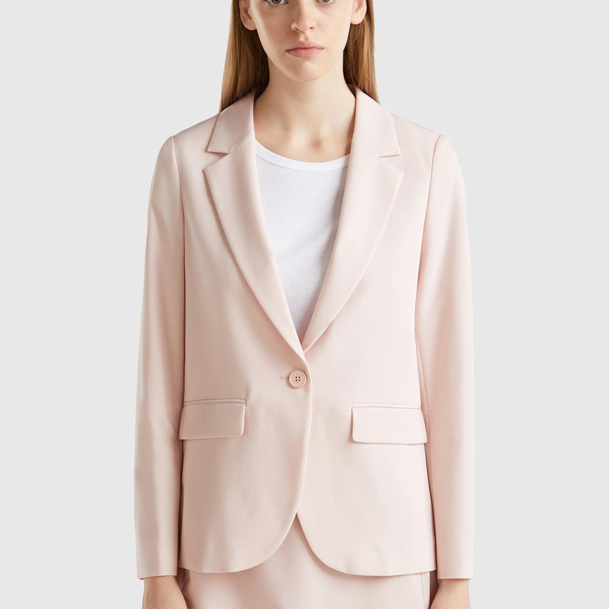 Kadın Toz Pembe Poliviskoz Tek Düğmeli Kırlangıç Yaka Blazer Ceket