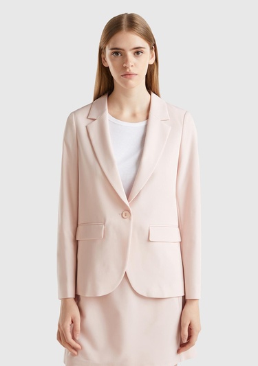  Kadın Toz Pembe Poliviskoz Tek Düğmeli Kırlangıç Yaka Blazer Ceket
