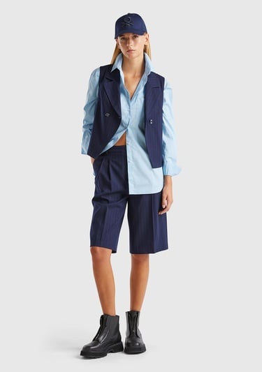  Kadın Lacivert Viskoz Karışımlı Düğmeli Çizgili Sivri Yaka Kruvaze Yelek