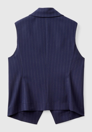  Kadın Lacivert Viskoz Karışımlı Düğmeli Çizgili Sivri Yaka Kruvaze Yelek