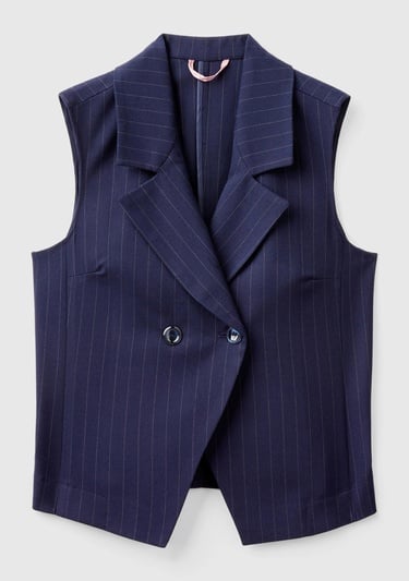  Kadın Lacivert Viskoz Karışımlı Düğmeli Çizgili Sivri Yaka Kruvaze Yelek