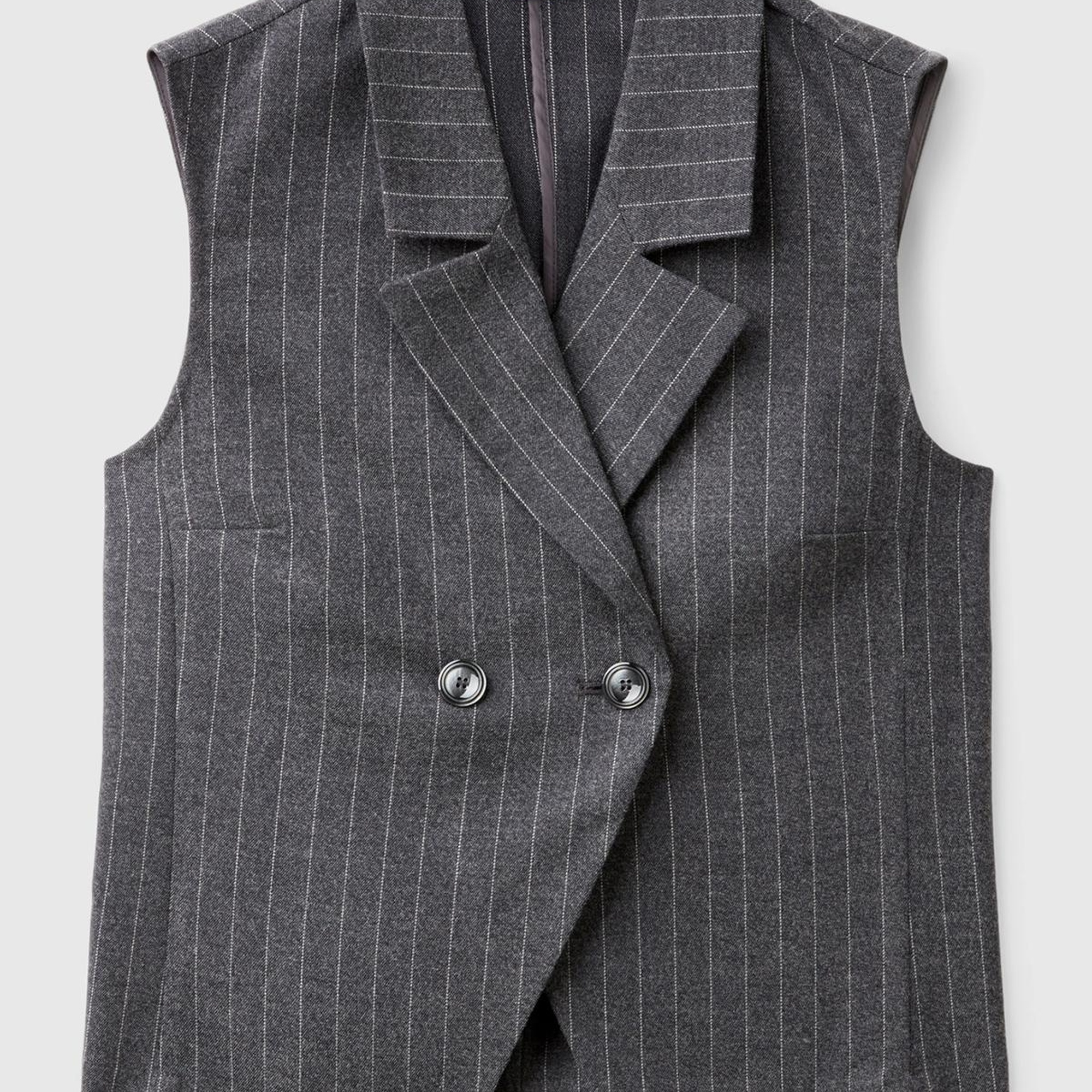 Kadın Antrasit Viskoz Karışımlı Düğmeli Çizgili Sivri Yaka Kruvaze Yelek