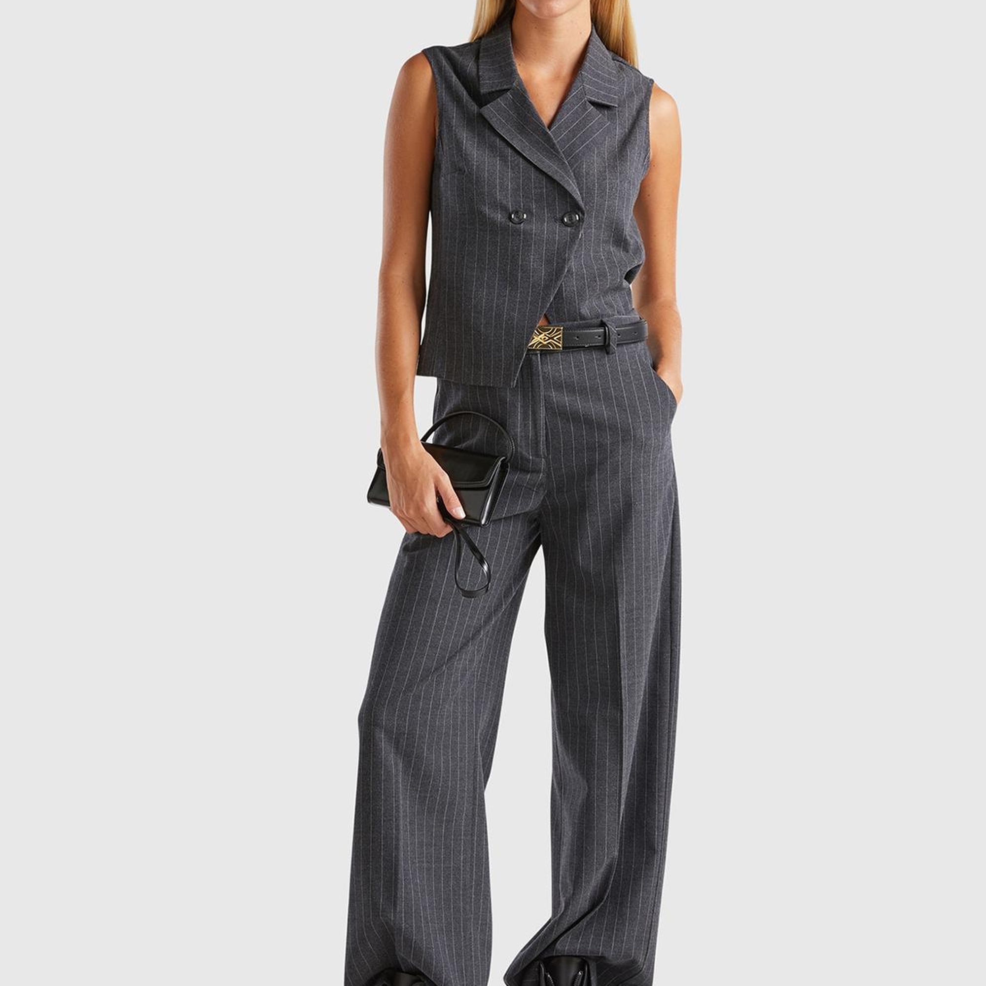 Kadın Antrasit Viskoz Karışımlı Düğmeli Çizgili Sivri Yaka Kruvaze Yelek