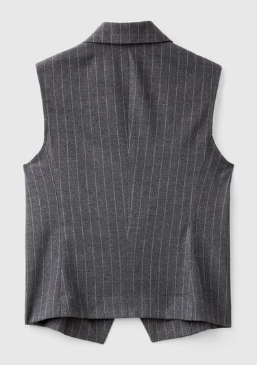  Kadın Antrasit Viskoz Karışımlı Düğmeli Çizgili Sivri Yaka Kruvaze Yelek