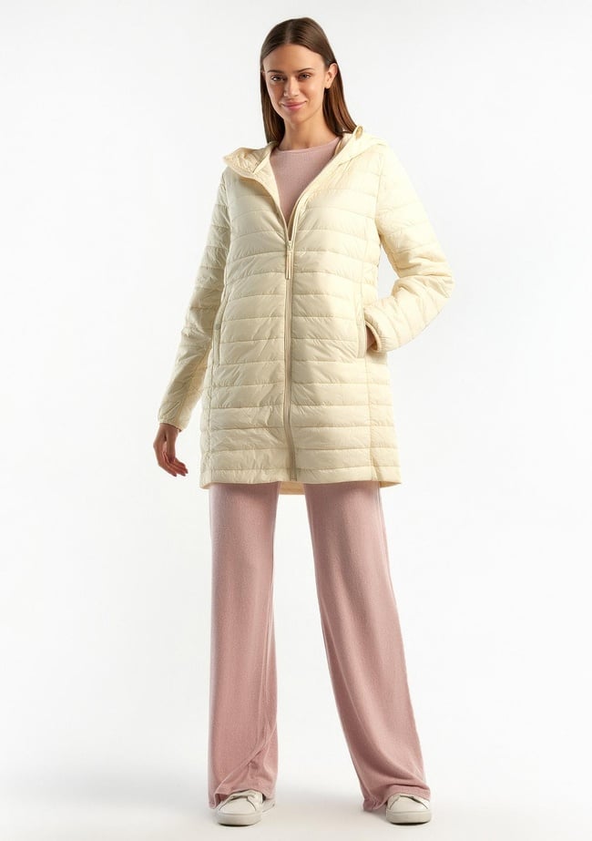  Kadın Krem  Uzun Pufa Mont