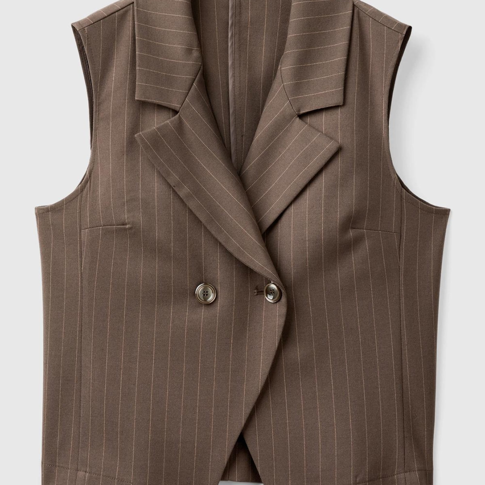 Kadın Taba Viskoz Karışımlı Düğmeli Çizgili Sivri Yaka Kruvaze Yelek